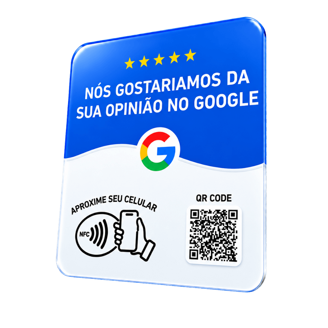 Plaquinha Aproxima Aí de avaliação no Google, em pé sobre o balcão